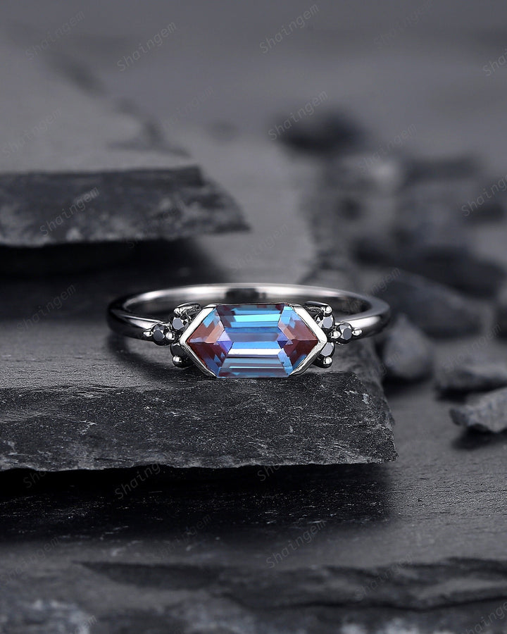 Black Gold Long Hexagon Alexandrite Engagement Ring, Unique Cluster Black Moissanite Wedding Ring, Rhodium Black Anniversary Promise Ring - ShainJewelry