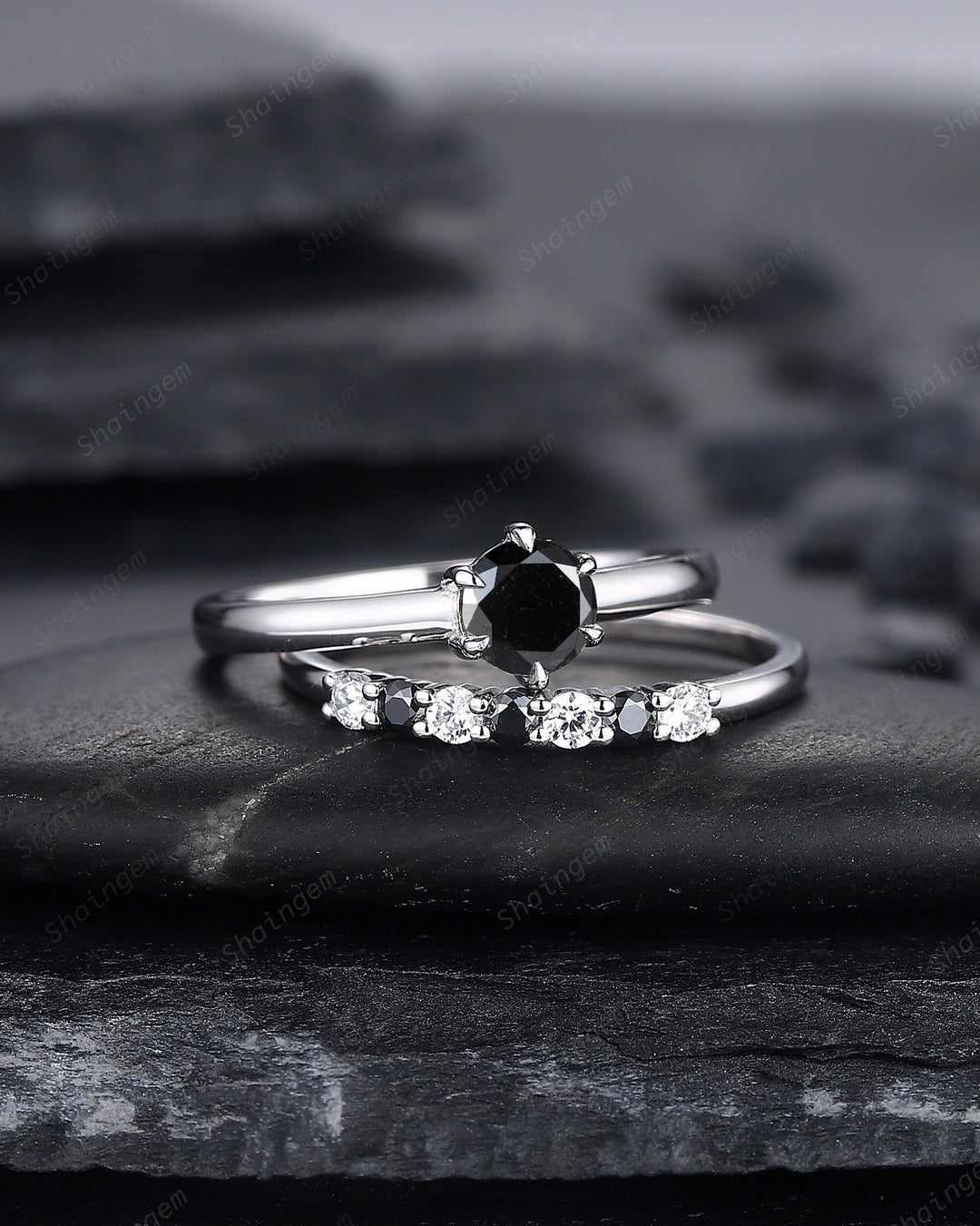 0.5 CT Round Shape Black Diamond Engagement Ring Set, Dainty White Gold Black Diamond Promise Ring, Diamond Wedding Anniversary Ring for her - ShainJewelry