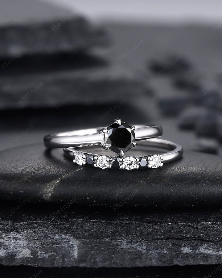 0.5 CT Round Shape Black Diamond Engagement Ring Set, Dainty White Gold Black Diamond Promise Ring, Diamond Wedding Anniversary Ring for her - ShainJewelry