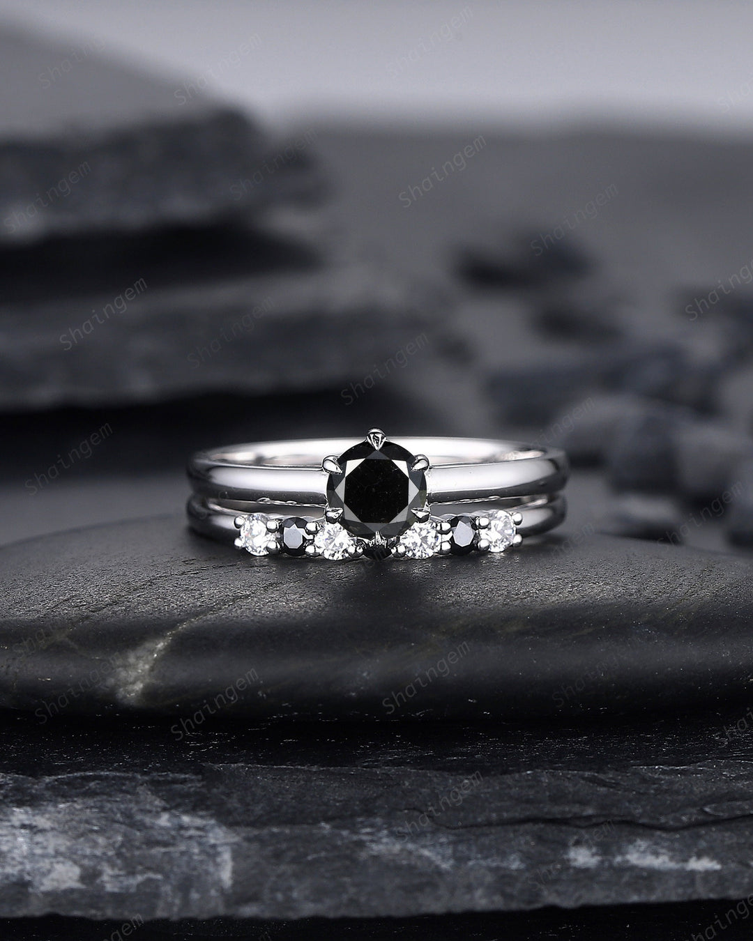 0.5 CT Round Shape Black Diamond Engagement Ring Set, Dainty White Gold Black Diamond Promise Ring, Diamond Wedding Anniversary Ring for her - ShainJewelry