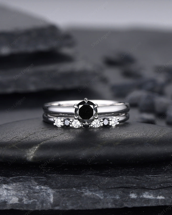 0.5 CT Round Shape Black Diamond Engagement Ring Set, Dainty White Gold Black Diamond Promise Ring, Diamond Wedding Anniversary Ring for her - ShainJewelry