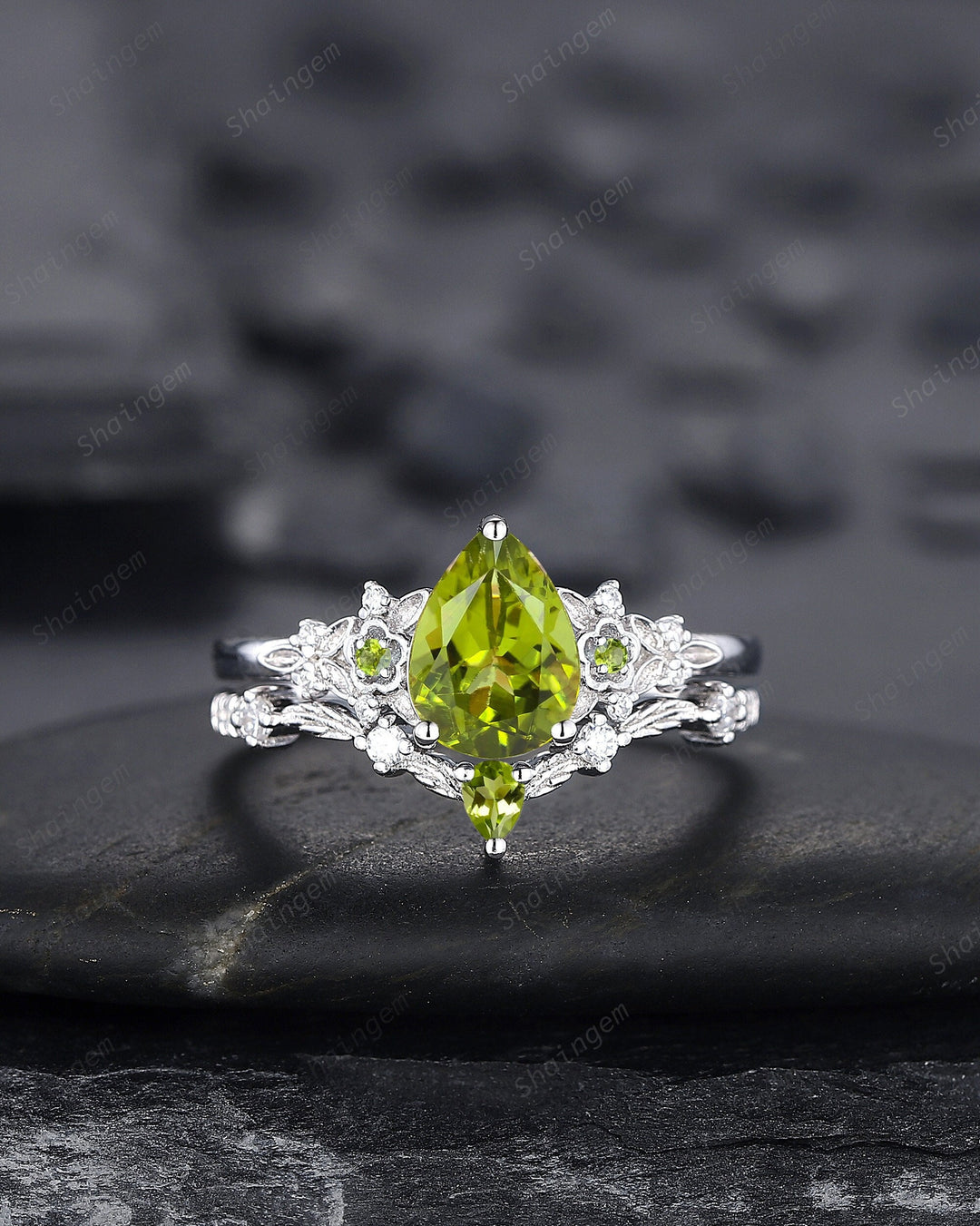 Vintage Pear Shape Peridot Engagement Ring Set, Unique 14K White Gold Floral Wedding Ring Bridal Set, Twig Branch Promise Ring for Women - ShainJewelry