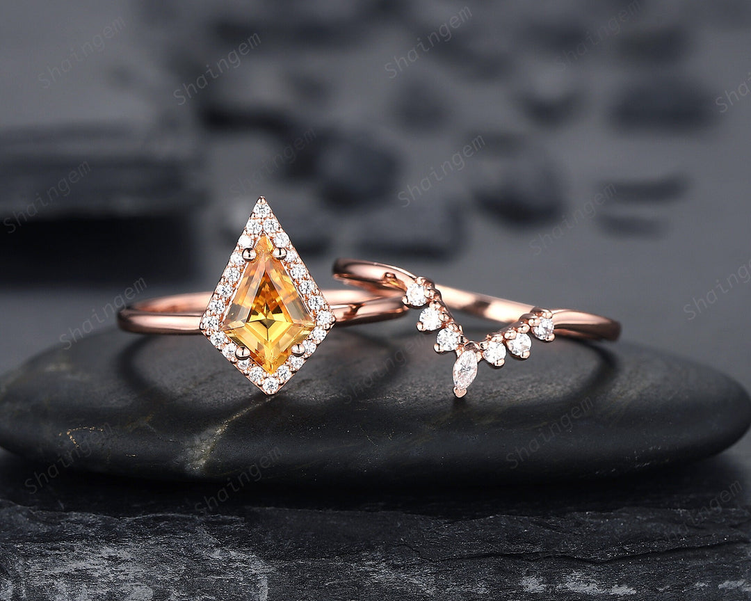 Vintage Kite Cut Citrine Engagement Ring Set, V Shape 14K Rose Gold Citrine Halo Promise Ring, Citrine Bridal Set, Wedding Ring Gift for her - ShainJewelry