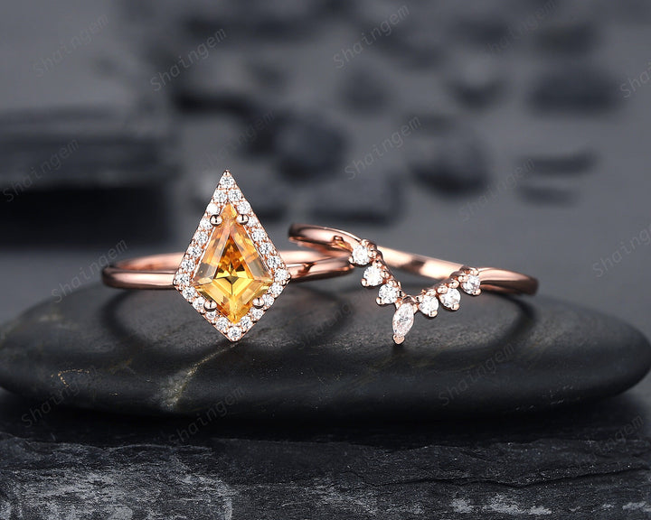 Vintage Kite Cut Citrine Engagement Ring Set, V Shape 14K Rose Gold Citrine Halo Promise Ring, Citrine Bridal Set, Wedding Ring Gift for her - ShainJewelry