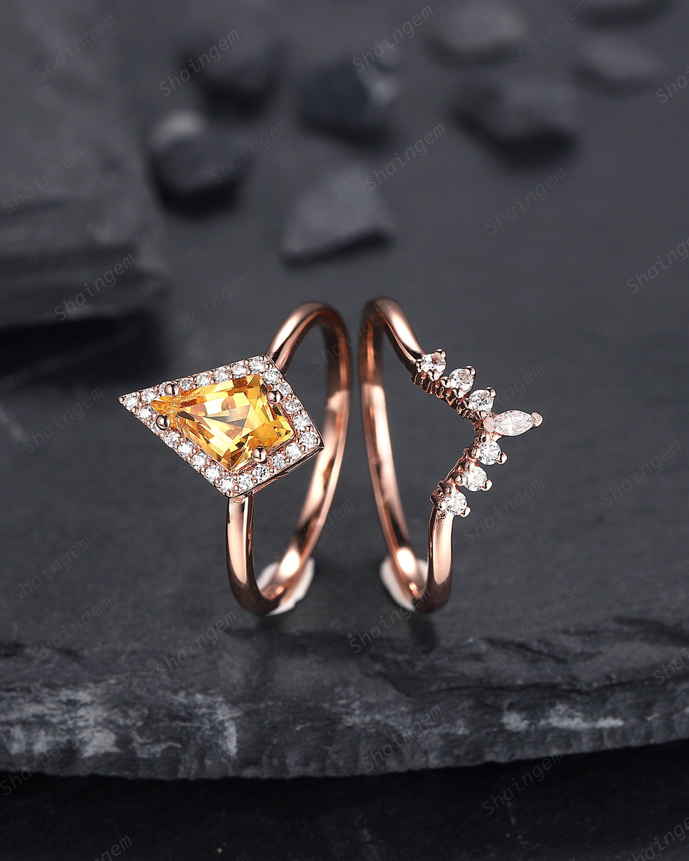 Vintage Kite Cut Citrine Engagement Ring Set, V Shape 14K Rose Gold Citrine Halo Promise Ring, Citrine Bridal Set, Wedding Ring Gift for her - ShainJewelry