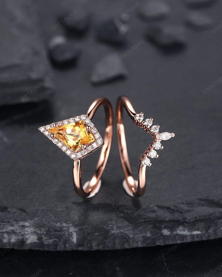 Vintage Kite Cut Citrine Engagement Ring Set, V Shape 14K Rose Gold Citrine Halo Promise Ring, Citrine Bridal Set, Wedding Ring Gift for her - ShainJewelry