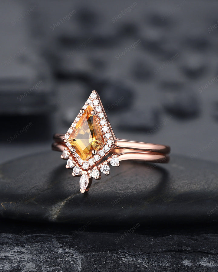 Vintage Kite Cut Citrine Engagement Ring Set, V Shape 14K Rose Gold Citrine Halo Promise Ring, Citrine Bridal Set, Wedding Ring Gift for her - ShainJewelry