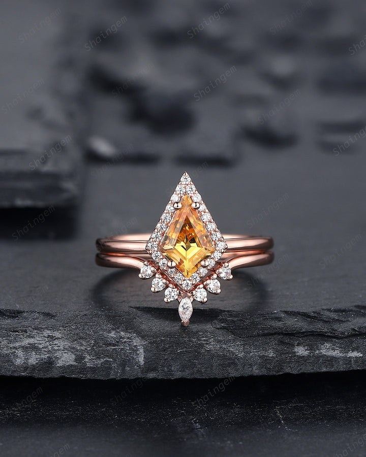 Vintage Kite Cut Citrine Engagement Ring Set, V Shape 14K Rose Gold Citrine Halo Promise Ring, Citrine Bridal Set, Wedding Ring Gift for her - ShainJewelry