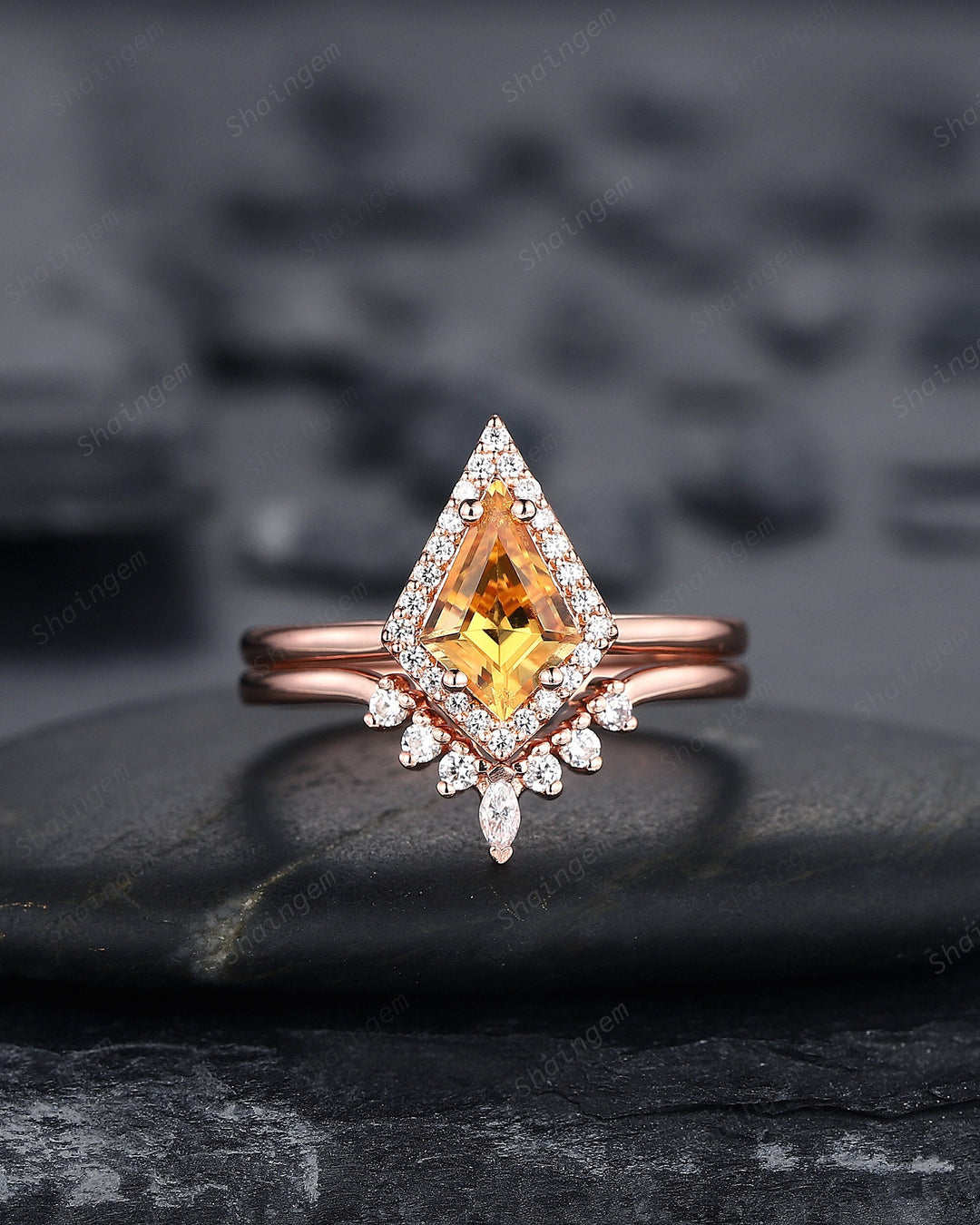 Vintage Kite Cut Citrine Engagement Ring Set, V Shape 14K Rose Gold Citrine Halo Promise Ring, Citrine Bridal Set, Wedding Ring Gift for her - ShainJewelry