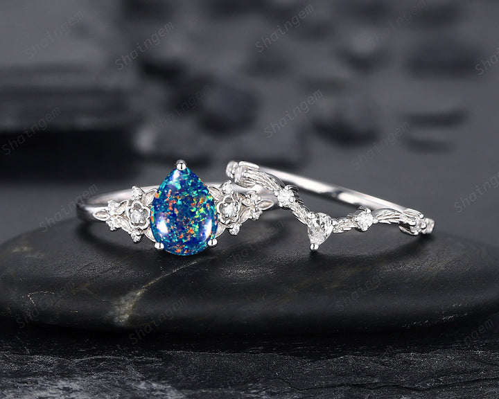 Vintage Pear Shape Black Fire Opal Engagement Ring Set, Unique 14K White Gold Floral Opal Wedding Ring Bridal Set, Promise Ring for Women - ShainJewelry