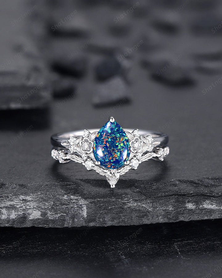 Vintage Pear Shape Black Fire Opal Engagement Ring Set, Unique 14K White Gold Floral Opal Wedding Ring Bridal Set, Promise Ring for Women - ShainJewelry