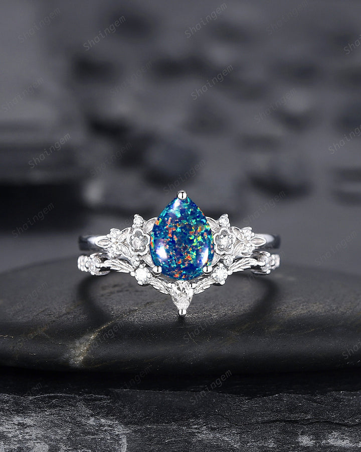 Vintage Pear Shape Black Fire Opal Engagement Ring Set, Unique 14K White Gold Floral Opal Wedding Ring Bridal Set, Promise Ring for Women - ShainJewelry