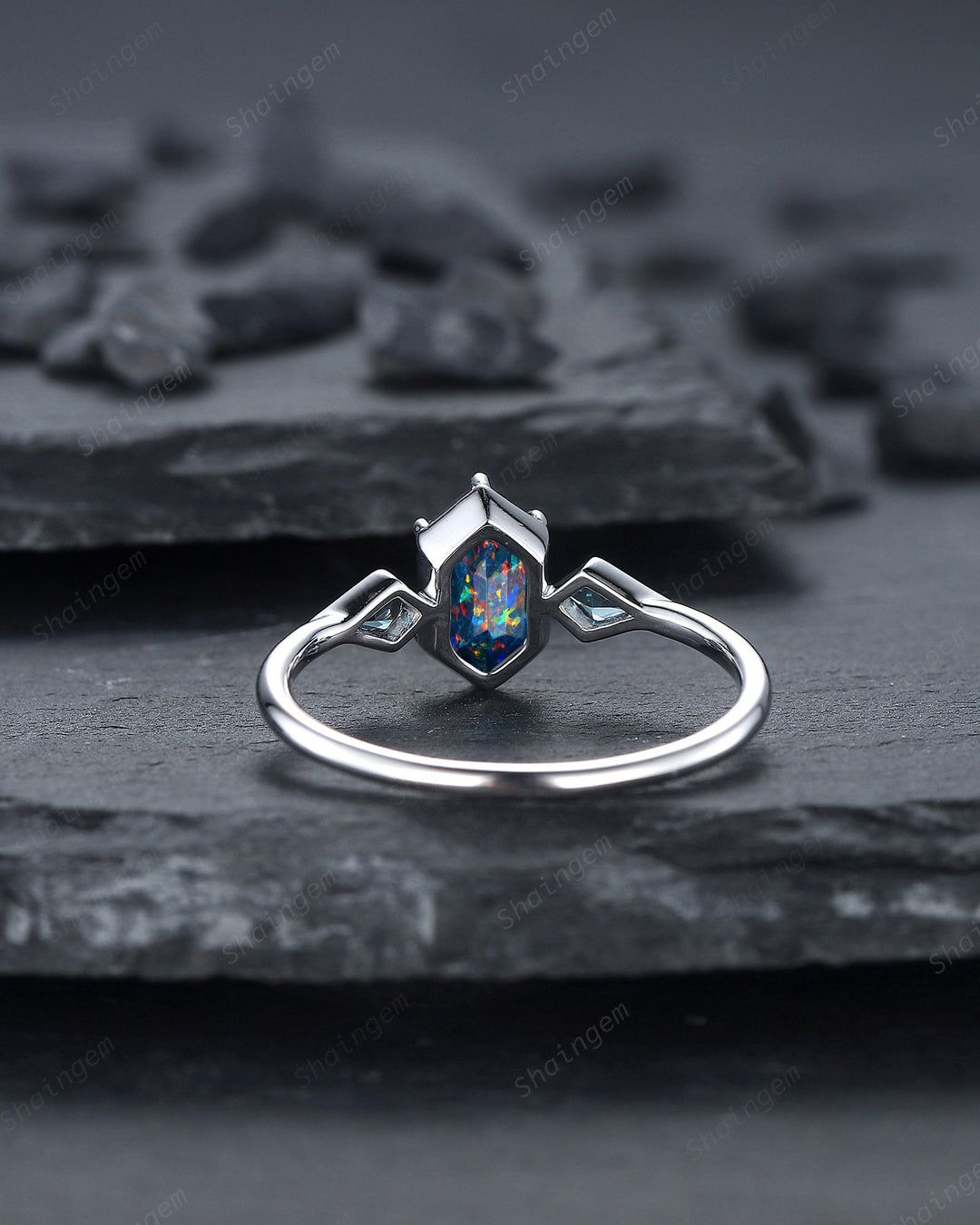Long Hexagon Black Fire Opal Ring, 14K White Gold Kite Alexandrite Wedding Ring, Three Stone Ring, Anniversary Promise Ring , Bezel Setting - ShainJewelry
