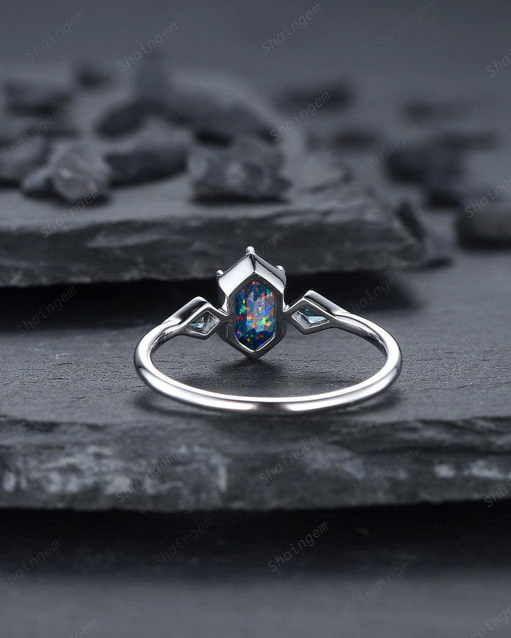 Long Hexagon Black Fire Opal Ring, 14K White Gold Kite Alexandrite Wedding Ring, Three Stone Ring, Anniversary Promise Ring , Bezel Setting - ShainJewelry