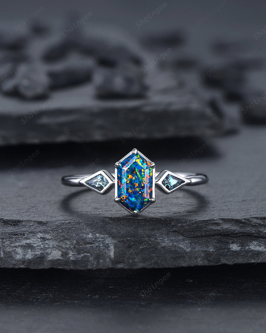 Long Hexagon Black Fire Opal Ring, 14K White Gold Kite Alexandrite Wedding Ring, Three Stone Ring, Anniversary Promise Ring , Bezel Setting - ShainJewelry
