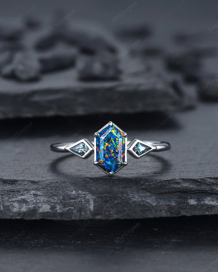Long Hexagon Black Fire Opal Ring, 14K White Gold Kite Alexandrite Wedding Ring, Three Stone Ring, Anniversary Promise Ring , Bezel Setting - ShainJewelry