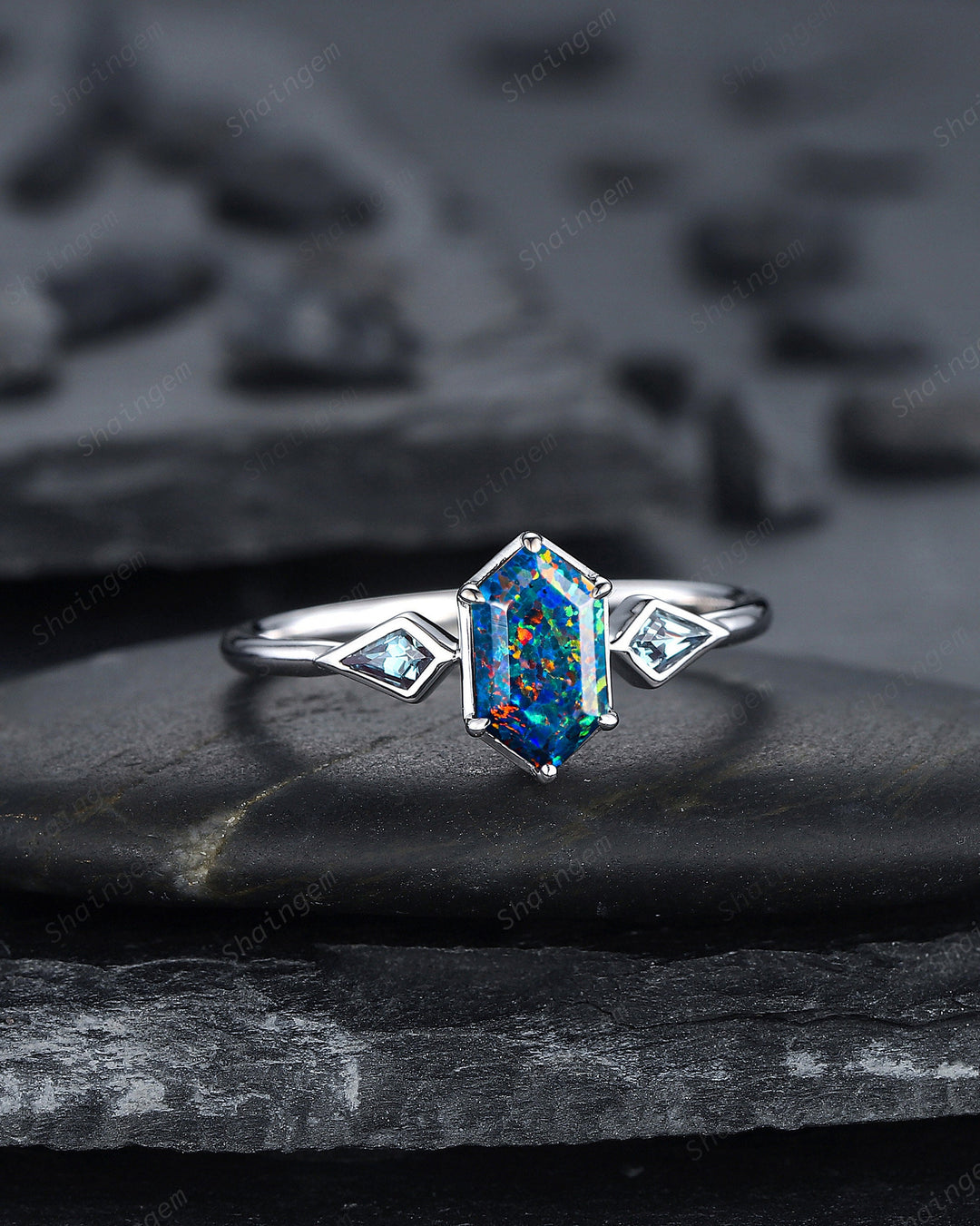 Long Hexagon Black Fire Opal Ring, 14K White Gold Kite Alexandrite Wedding Ring, Three Stone Ring, Anniversary Promise Ring , Bezel Setting - ShainJewelry