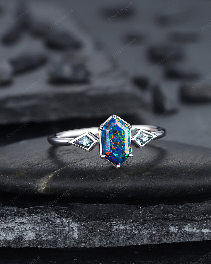 Long Hexagon Black Fire Opal Ring, 14K White Gold Kite Alexandrite Wedding Ring, Three Stone Ring, Anniversary Promise Ring , Bezel Setting - ShainJewelry