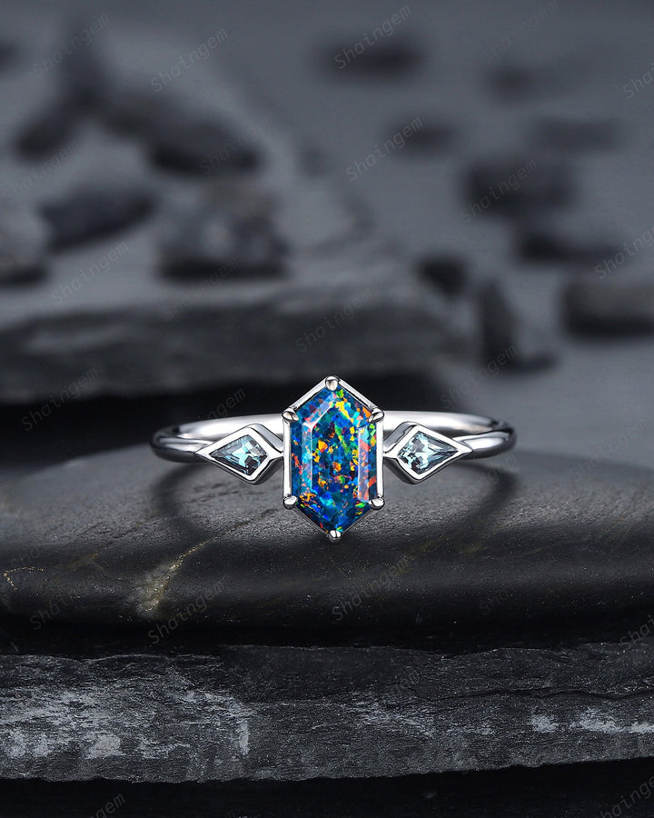 Long Hexagon Black Fire Opal Ring, 14K White Gold Kite Alexandrite Wedding Ring, Three Stone Ring, Anniversary Promise Ring , Bezel Setting - ShainJewelry