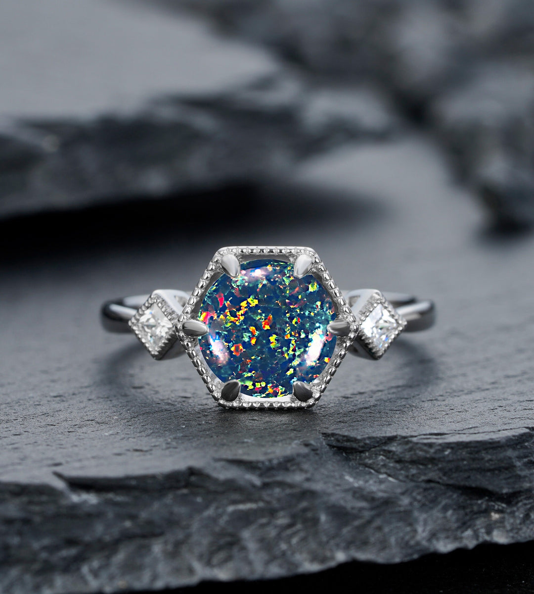 Vintage Hexagonal Black Opal Engagement Ring, 14K Rose Gold Mixed Fire Opal Promise Ring, Black Fire Opal Wedding Anniversary Ring for Mom - ShainJewelry