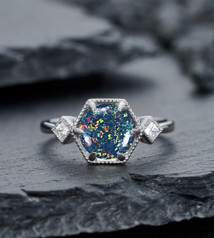 Vintage Hexagonal Black Opal Engagement Ring, 14K Rose Gold Mixed Fire Opal Promise Ring, Black Fire Opal Wedding Anniversary Ring for Mom - ShainJewelry
