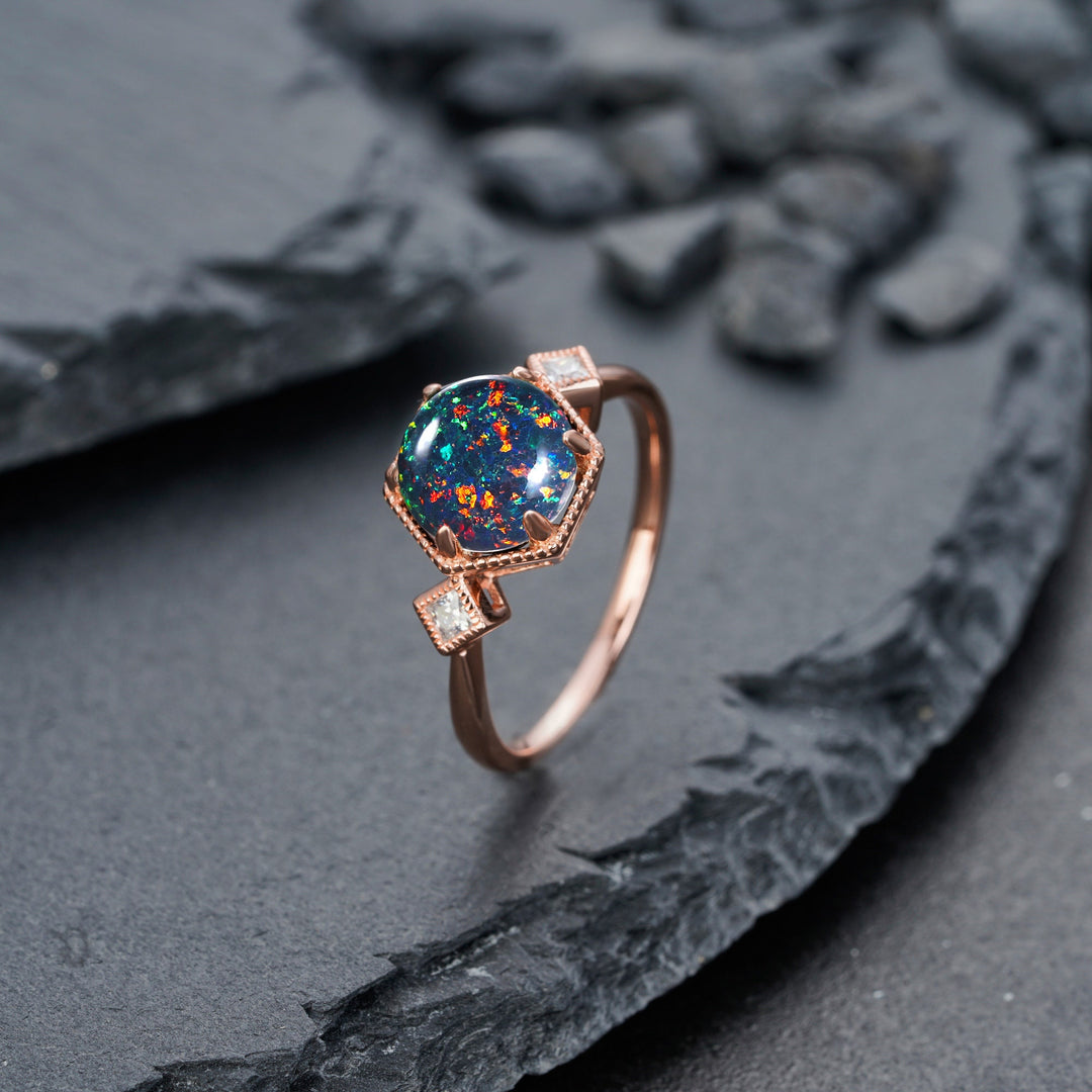 Vintage Hexagonal Black Opal Engagement Ring, 14K Rose Gold Mixed Fire Opal Promise Ring, Black Fire Opal Wedding Anniversary Ring for Mom - ShainJewelry
