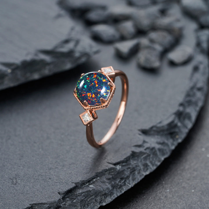 Vintage Hexagonal Black Opal Engagement Ring, 14K Rose Gold Mixed Fire Opal Promise Ring, Black Fire Opal Wedding Anniversary Ring for Mom - ShainJewelry