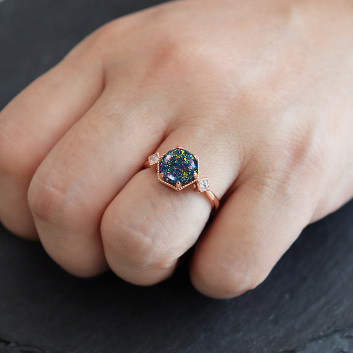 Vintage Hexagonal Black Opal Engagement Ring, 14K Rose Gold Mixed Fire Opal Promise Ring, Black Fire Opal Wedding Anniversary Ring for Mom - ShainJewelry