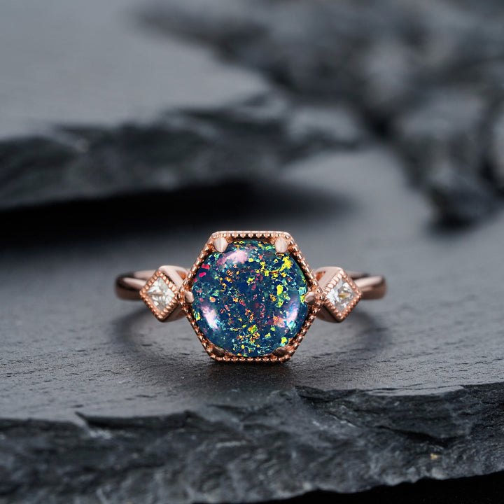 Vintage Hexagonal Black Opal Engagement Ring, 14K Rose Gold Mixed Fire Opal Promise Ring, Black Fire Opal Wedding Anniversary Ring for Mom - ShainJewelry