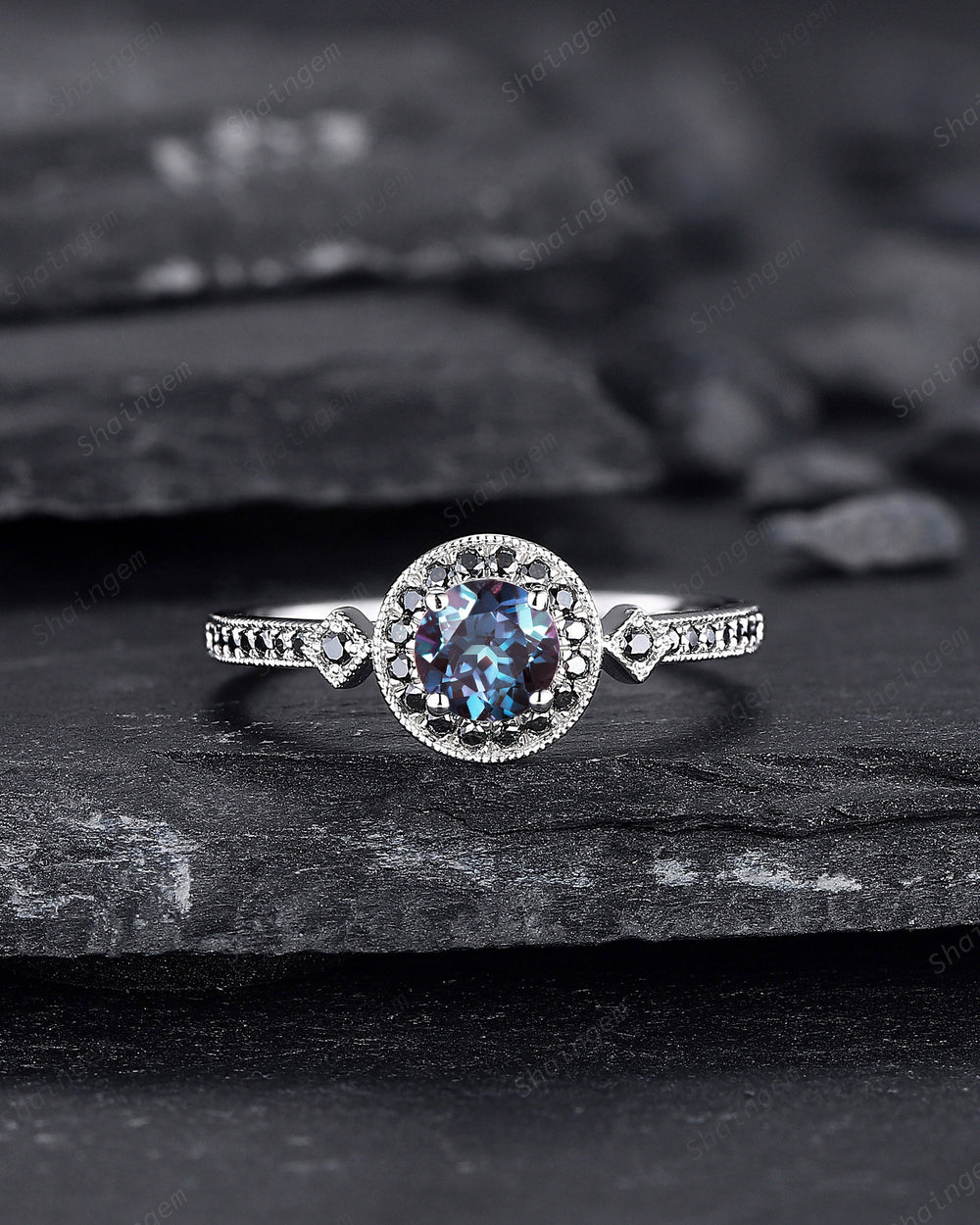 Round Shape Alexandrite Engagement Ring, Alexandrite Halo Wedding Ring, Half Eternity Black Moissanite Promise Ring Gift, June Birthstone - ShainJewelry