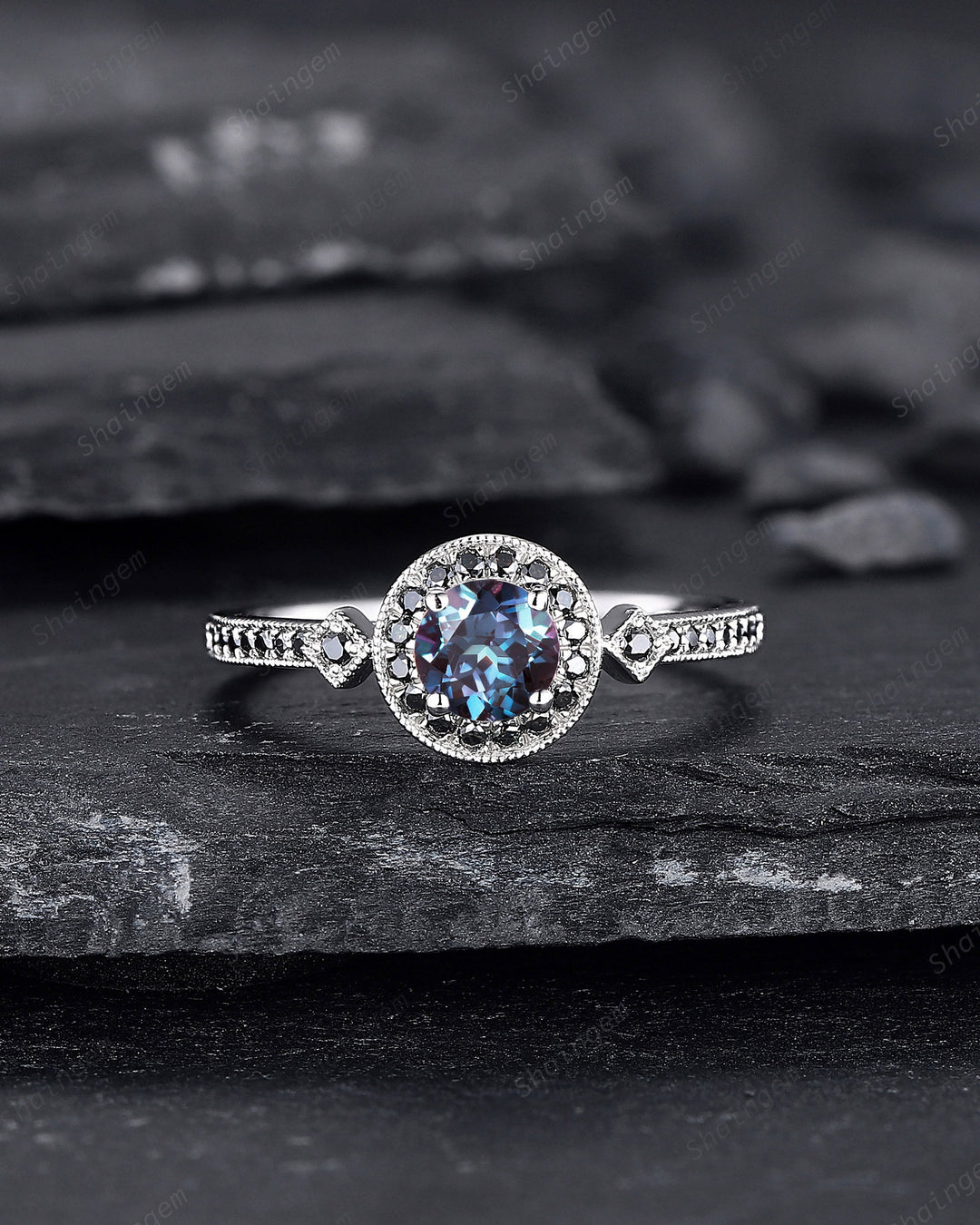 Round Shape Alexandrite Engagement Ring, Alexandrite Halo Wedding Ring, Half Eternity Black Moissanite Promise Ring Gift, June Birthstone - ShainJewelry