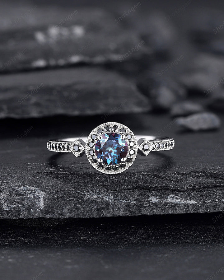 Round Shape Alexandrite Engagement Ring, Alexandrite Halo Wedding Ring, Half Eternity Black Moissanite Promise Ring Gift, June Birthstone - ShainJewelry