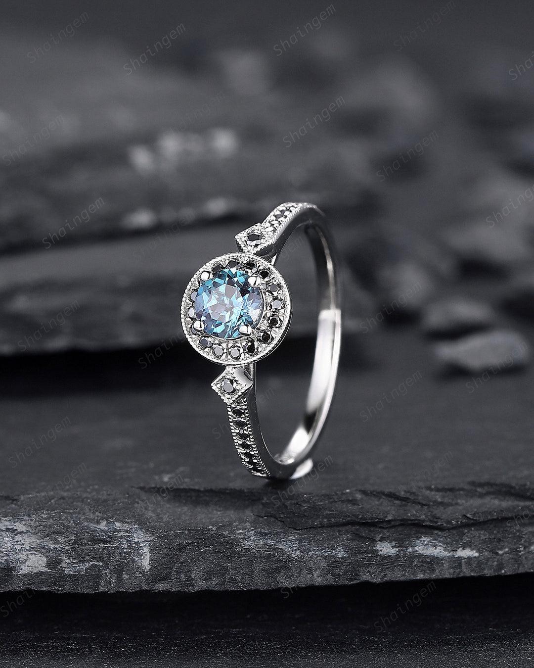 Round Shape Alexandrite Engagement Ring, Alexandrite Halo Wedding Ring, Half Eternity Black Moissanite Promise Ring Gift, June Birthstone - ShainJewelry