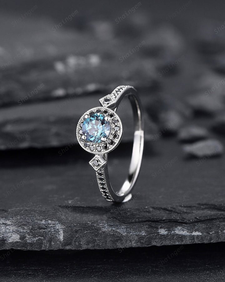 Round Shape Alexandrite Engagement Ring, Alexandrite Halo Wedding Ring, Half Eternity Black Moissanite Promise Ring Gift, June Birthstone - ShainJewelry