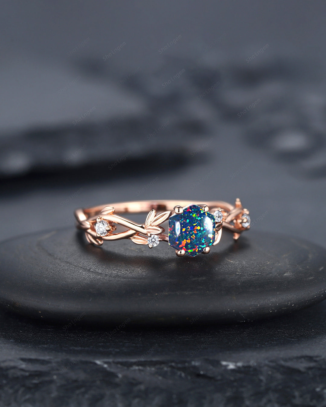 Hexagon Cut Black Fire Opal Leaf Engagement Ring, Dainty Twig Branch Promise Ring, Unique Rose Gold Mixed Color Opal Wedding Ring Gift - ShainJewelry