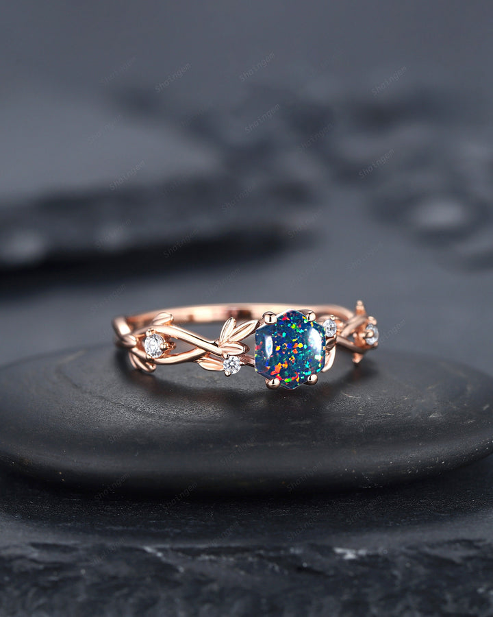 Hexagon Cut Black Fire Opal Leaf Engagement Ring, Dainty Twig Branch Promise Ring, Unique Rose Gold Mixed Color Opal Wedding Ring Gift - ShainJewelry