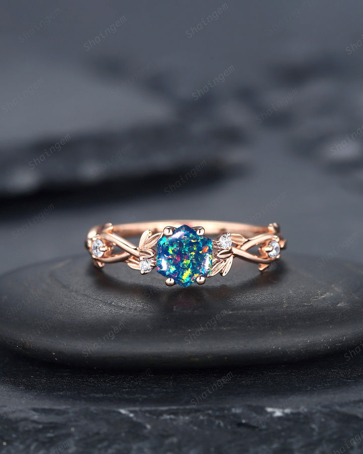 Hexagon Cut Black Fire Opal Leaf Engagement Ring, Dainty Twig Branch Promise Ring, Unique Rose Gold Mixed Color Opal Wedding Ring Gift - ShainJewelry