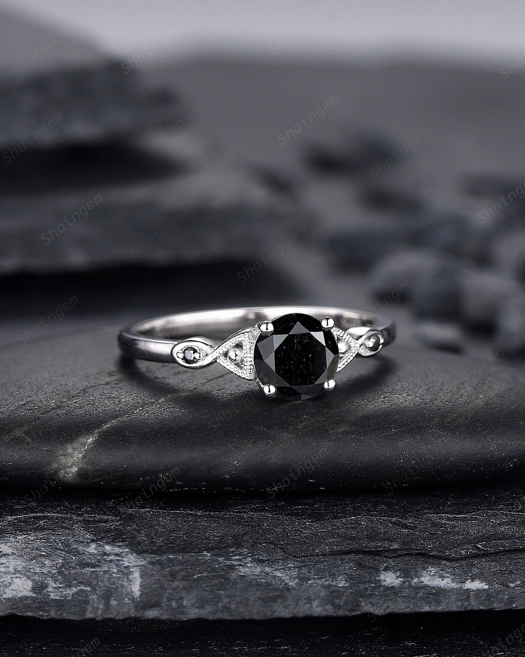6mm Round Shape Natural Black Diamond Engagement Ring ,White Gold Diamond Promise Ring, Diamond Wedding Anniversary Ring Gift for Women - ShainJewelry