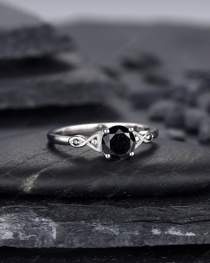 6mm Round Shape Natural Black Diamond Engagement Ring ,White Gold Diamond Promise Ring, Diamond Wedding Anniversary Ring Gift for Women - ShainJewelry