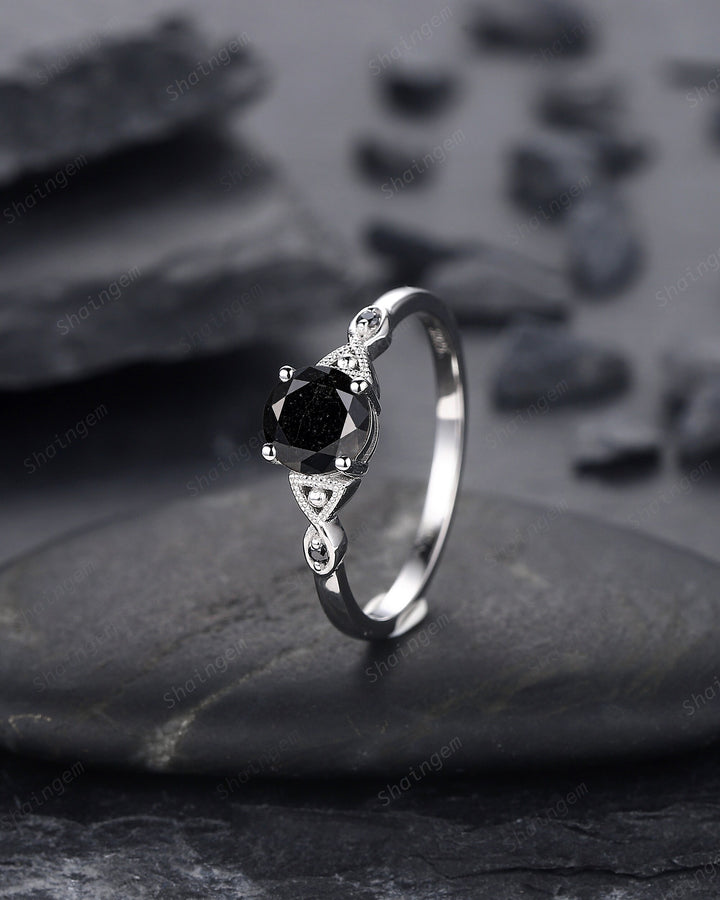 6mm Round Shape Natural Black Diamond Engagement Ring ,White Gold Diamond Promise Ring, Diamond Wedding Anniversary Ring Gift for Women - ShainJewelry