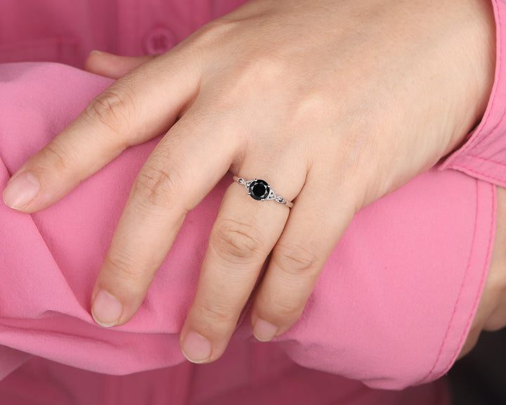 6mm Round Shape Natural Black Diamond Engagement Ring ,White Gold Diamond Promise Ring, Diamond Wedding Anniversary Ring Gift for Women - ShainJewelry