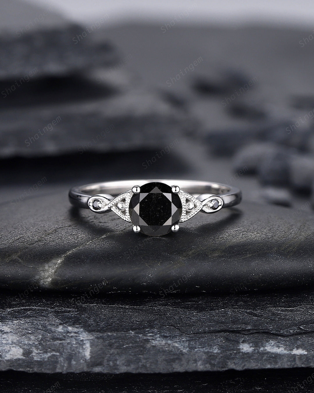 6mm Round Shape Natural Black Diamond Engagement Ring ,White Gold Diamond Promise Ring, Diamond Wedding Anniversary Ring Gift for Women - ShainJewelry