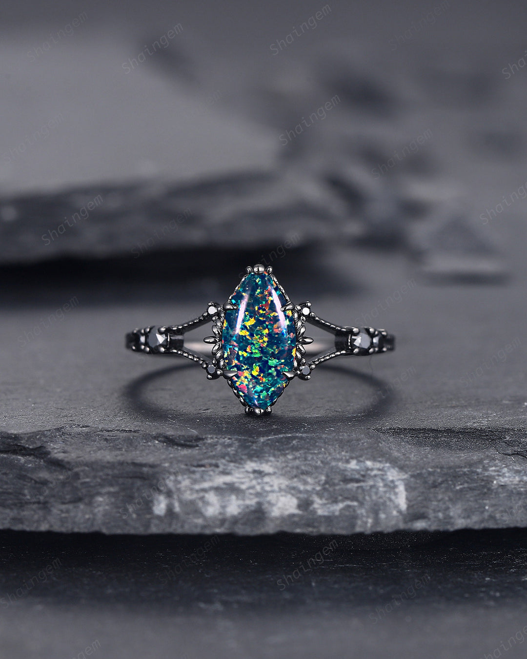 Marquise Shape Black Fire Opal Engagement Ring, Black Gold Multi Fire Opal Promise Ring, Unique Rhodium Black Witchy Ring Gift for Women - ShainJewelry