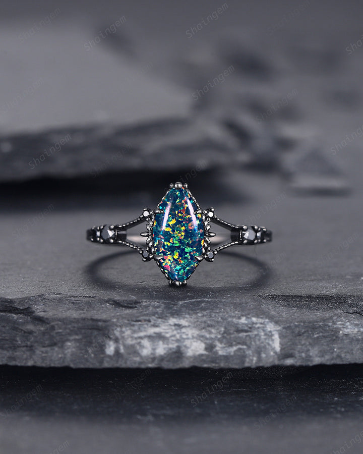 Marquise Shape Black Fire Opal Engagement Ring, Black Gold Multi Fire Opal Promise Ring, Unique Rhodium Black Witchy Ring Gift for Women - ShainJewelry