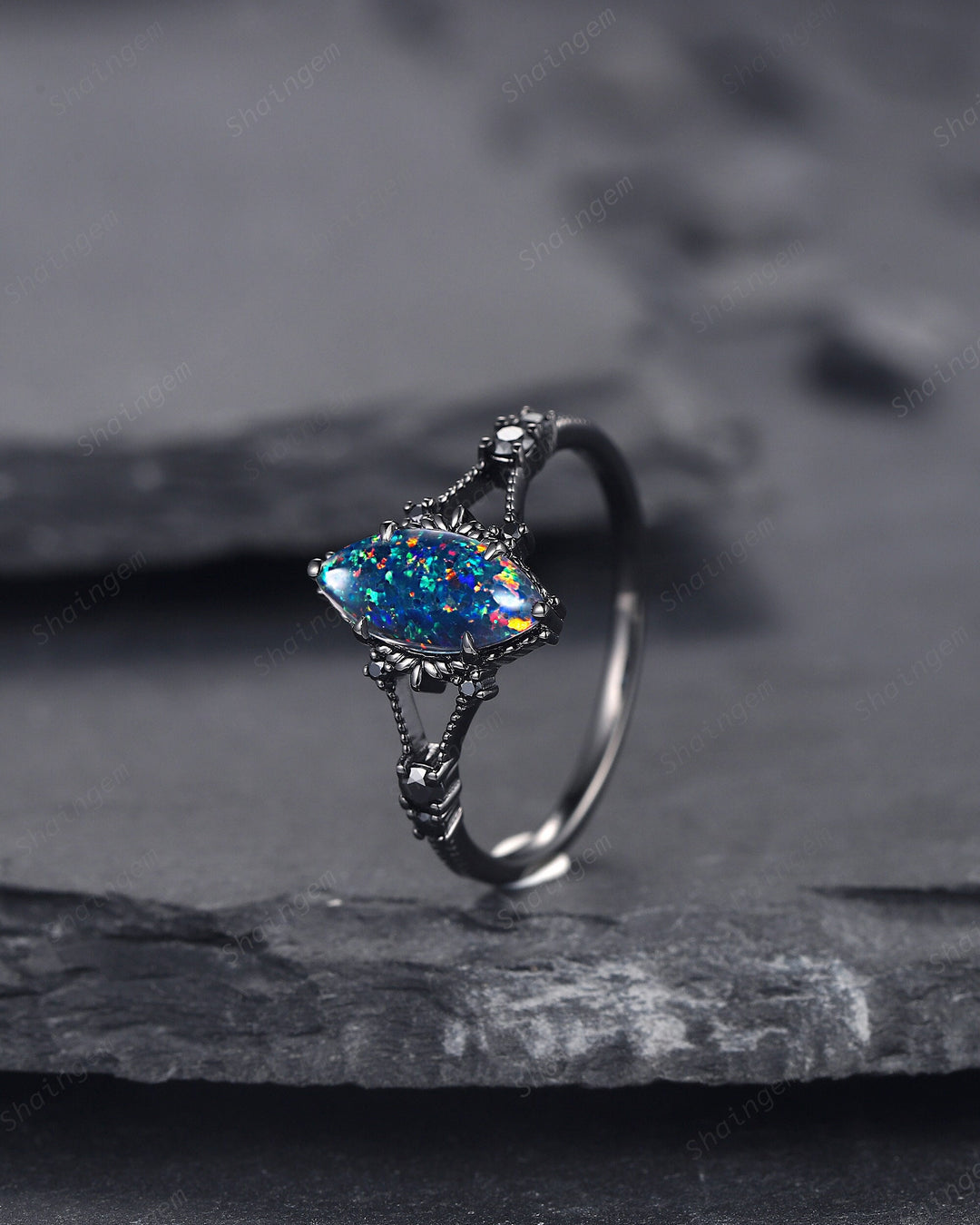 Marquise Shape Black Fire Opal Engagement Ring, Black Gold Multi Fire Opal Promise Ring, Unique Rhodium Black Witchy Ring Gift for Women - ShainJewelry