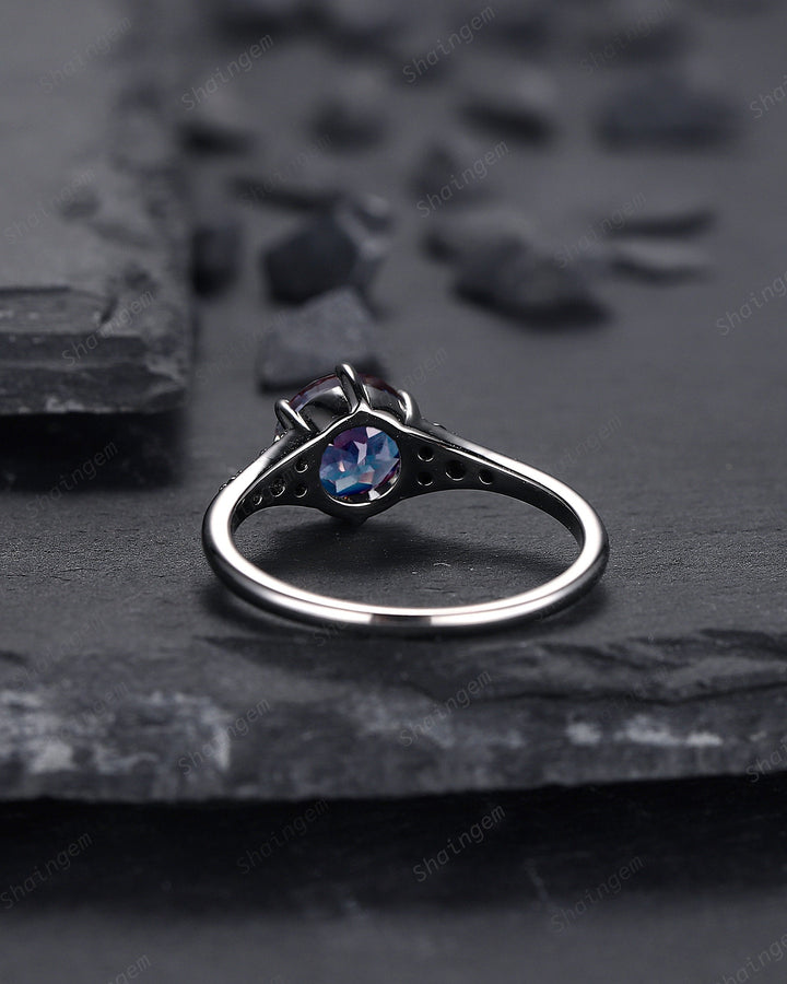 Unique Black Gold Round Shape Alexandrite Engagement Ring, Vintage Rhodium Black Hip Hop Wedding Ring, Gothic June Birthstone Promise Ring - ShainJewelry