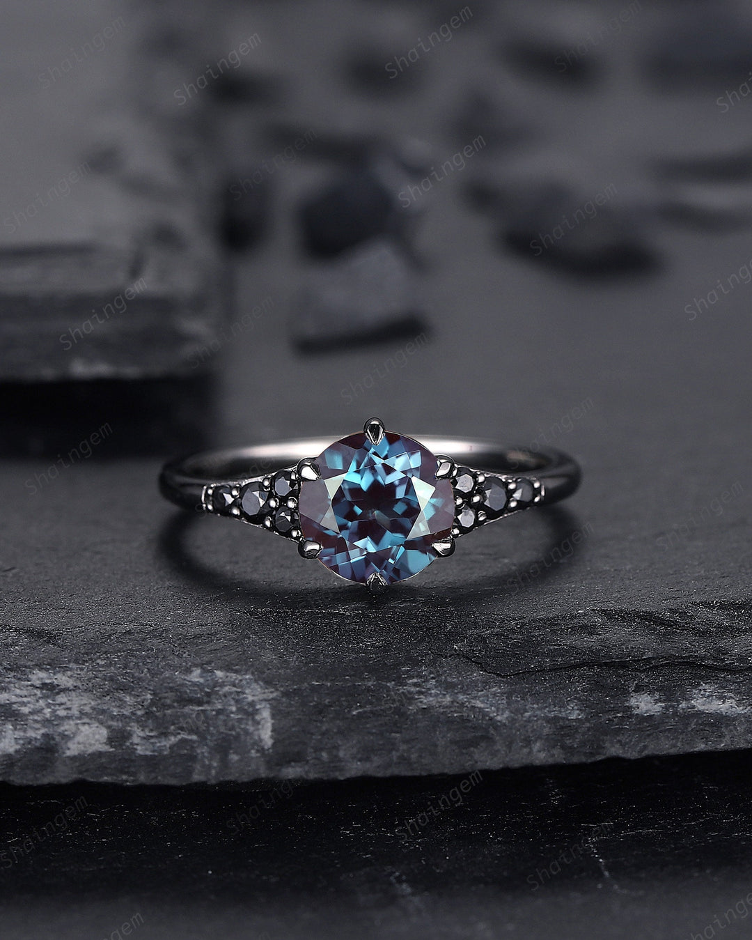Unique Black Gold Round Shape Alexandrite Engagement Ring, Vintage Rhodium Black Hip Hop Wedding Ring, Gothic June Birthstone Promise Ring - ShainJewelry