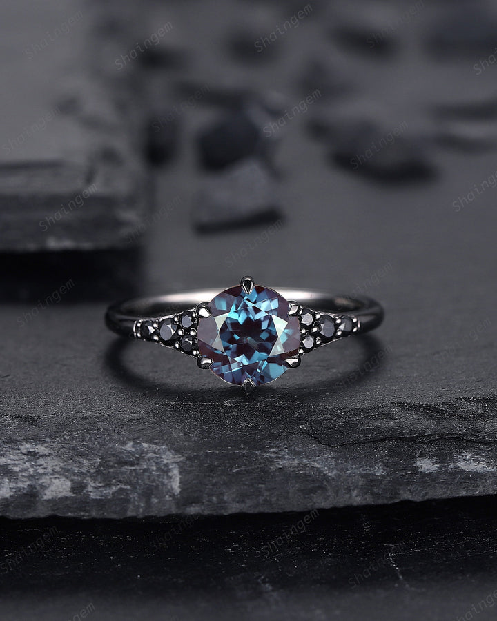 Unique Black Gold Round Shape Alexandrite Engagement Ring, Vintage Rhodium Black Hip Hop Wedding Ring, Gothic June Birthstone Promise Ring - ShainJewelry
