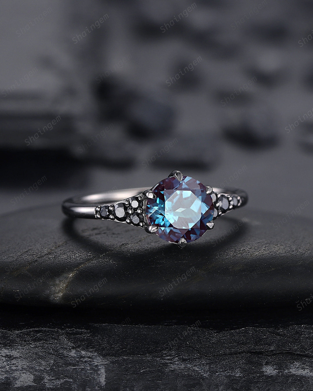 Unique Black Gold Round Shape Alexandrite Engagement Ring, Vintage Rhodium Black Hip Hop Wedding Ring, Gothic June Birthstone Promise Ring - ShainJewelry