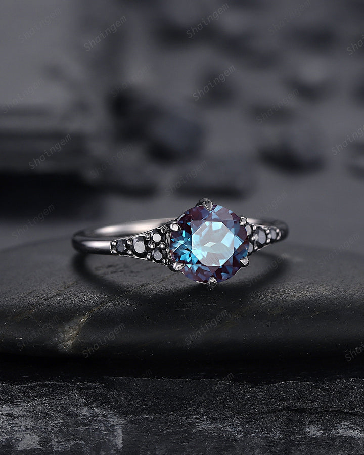 Unique Black Gold Round Shape Alexandrite Engagement Ring, Vintage Rhodium Black Hip Hop Wedding Ring, Gothic June Birthstone Promise Ring - ShainJewelry